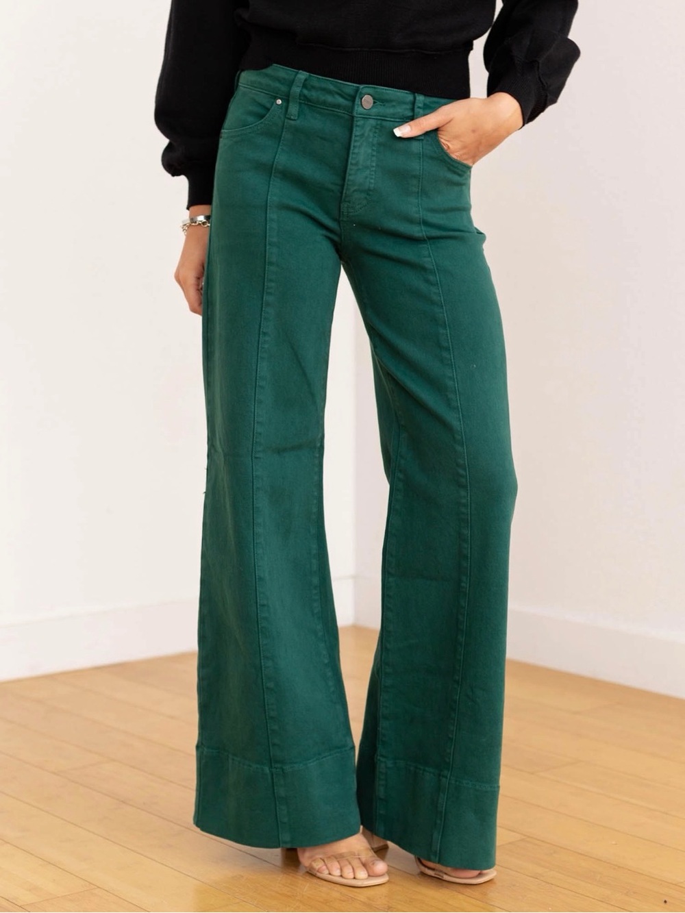 Wide Leg Flare Jeans - Green